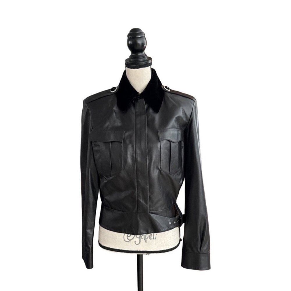 Chanel black lamb leather velour collar jacket size 38
